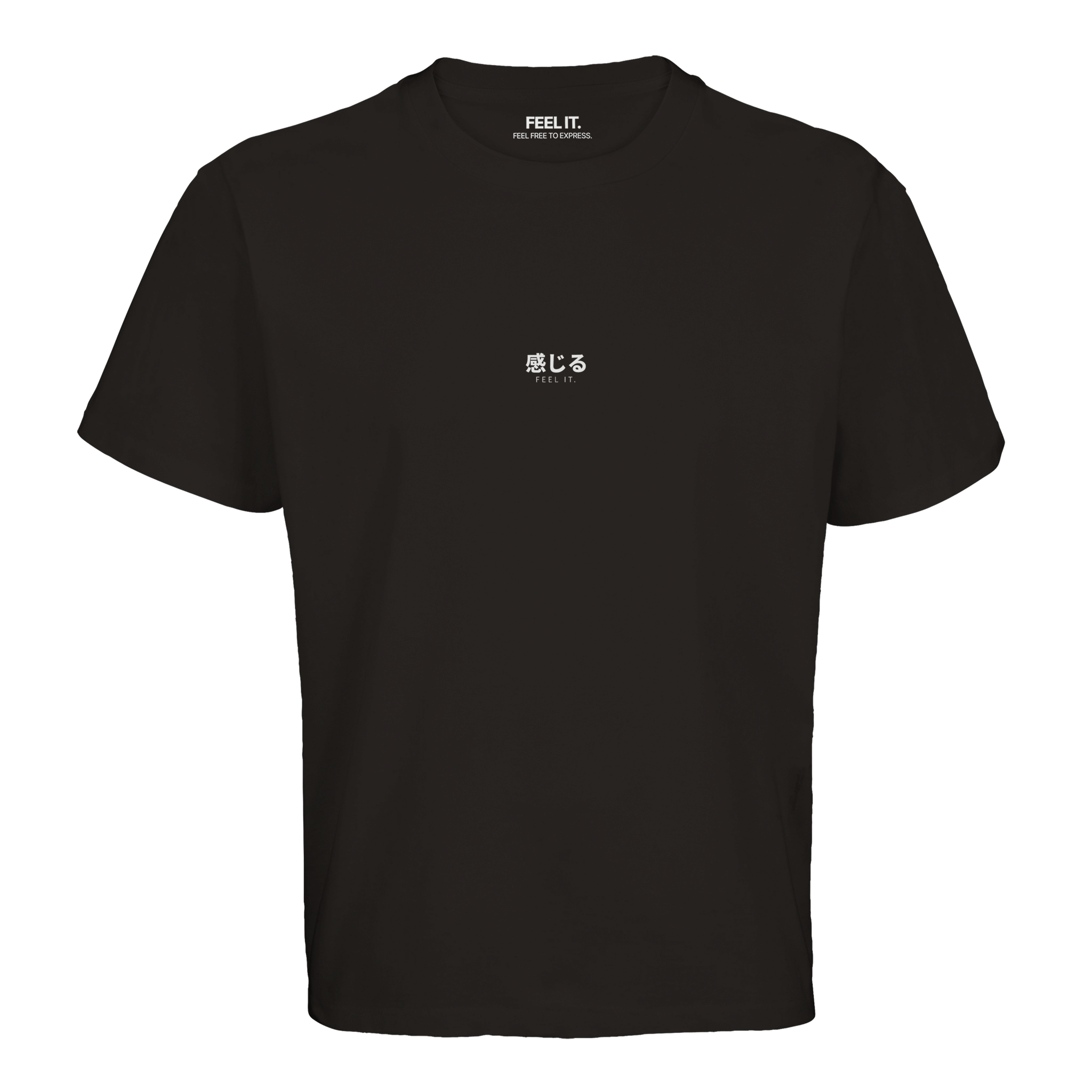 T-shirt KANJI MUSIC oversize nera con piccolo carattere giapponese stampato sul petto, design minimalista ed elegante, realizzata in cotone riciclato e cotone tradizionale, taglio rilassato con spalle scese e collo a costine